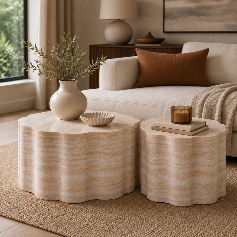 Ensemble de tables basses rondes modernes 2 pièces avec dessus en faux marbre Caston, Beige