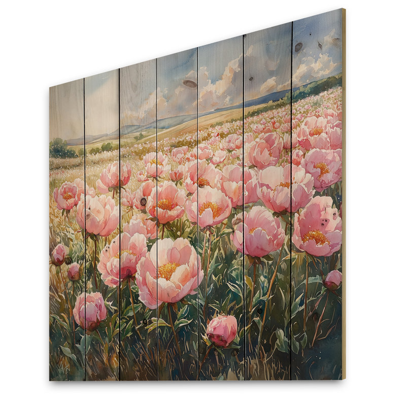 Peonies In The Sunlit Field II - Peonies Wood Wall Decor - On Natural Pine Wood, 15" H x 15" W x 0.78" D