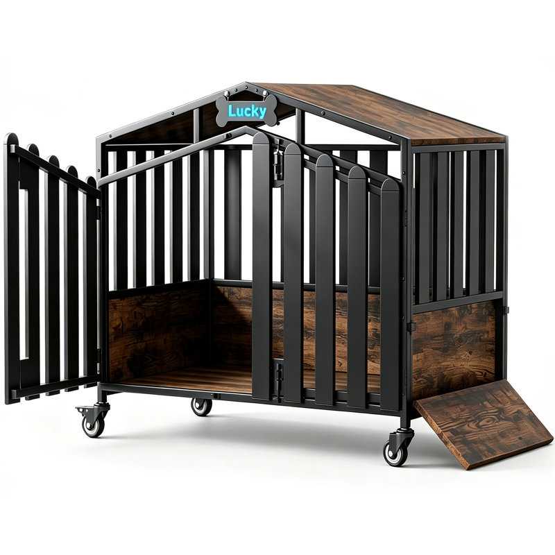Meuble de caisse robuste pour chien de 48 pouces avec roues verrouillables, niche pour animal de compagnie décorative, chenil en bois d'intérieur