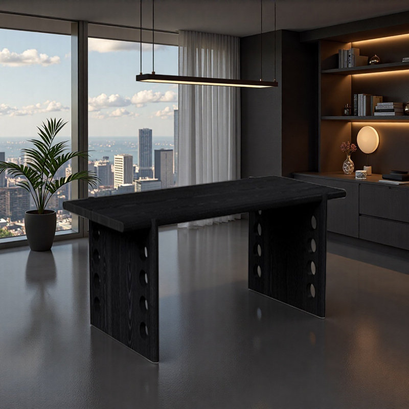 Ash Solid Wood Creative Hole-shaped Writing Desk, 29.52" H x 55.11" W x 27.55" D, Black