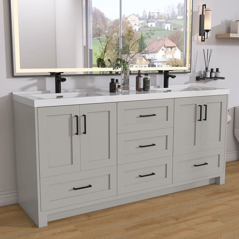 Meuble-lavabo autoportant en bois gris clair avec comptoir à surface solide Loxhill
