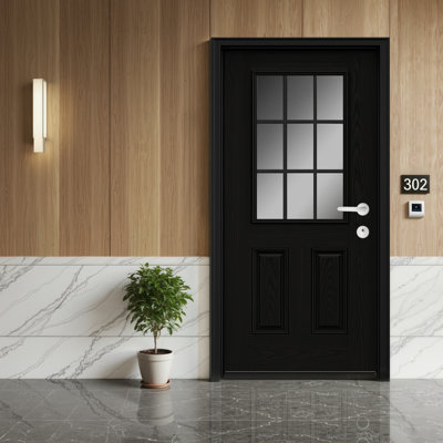 Porte d'entrée avant en fibre de verre 36 po x 36 po à 9 panneaux et 2 panneaux en verre givré