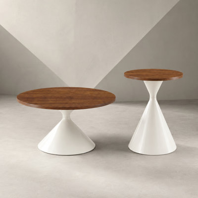 2-Piece Round Coffee Table Set with Walnut Top and Metal Base