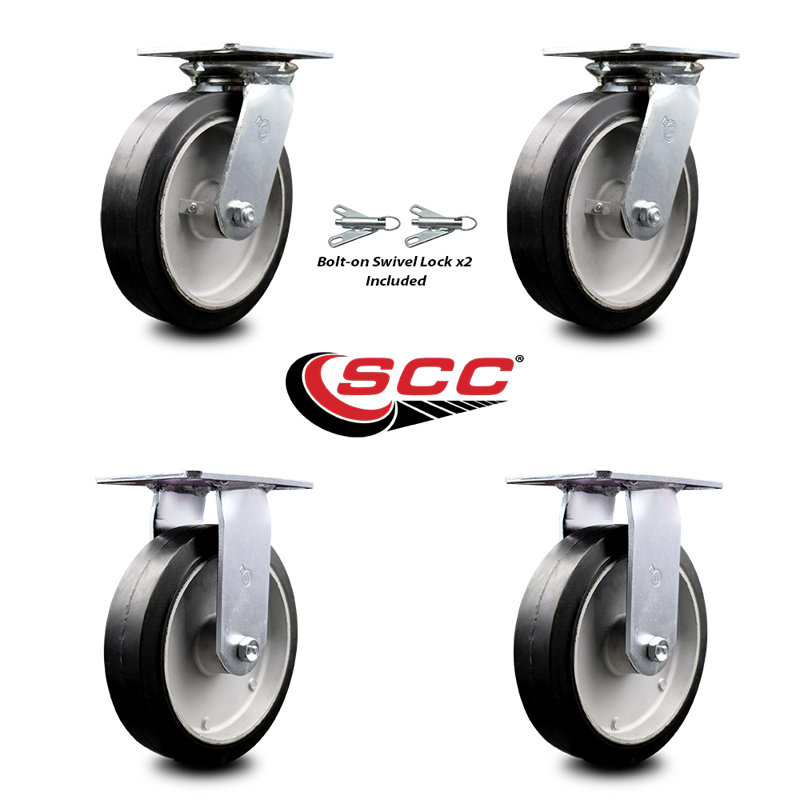 8 Inch Rubber on Aluminum Caster Set with Ball Bearing 2 Swivel Lock and 2 Rigid