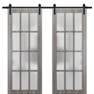 Sturdy Double Barn Door with Frosted Glass 12 Lites Felicia 3312 Ginger Ash Grey 13FT Rail Hangers Heavy Set Solid Panel Interior Doors -56" x 84" (2* 28x84)-Black Rail