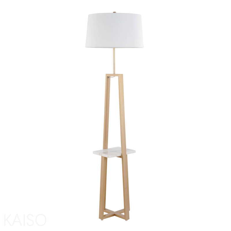 Shelf Contemporary Floor Lamp In White Marble And Gold Metal With White Linen Shade