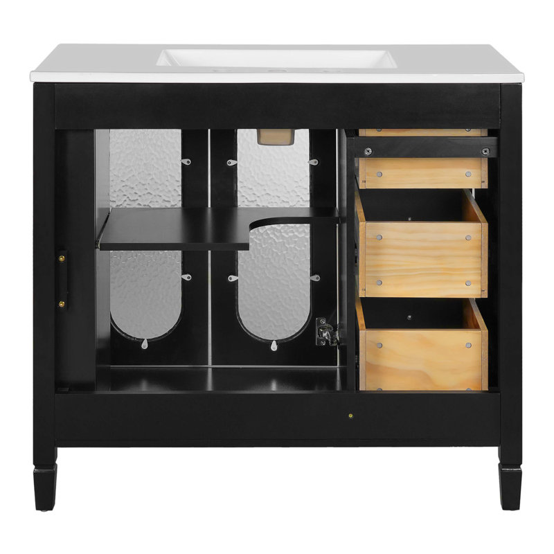  Meuble-lavabo sur pied 36 po avec lavabo, meuble-lavabo moderne autoportant avec portes en verre martelé et tiroirs de rangement, noir