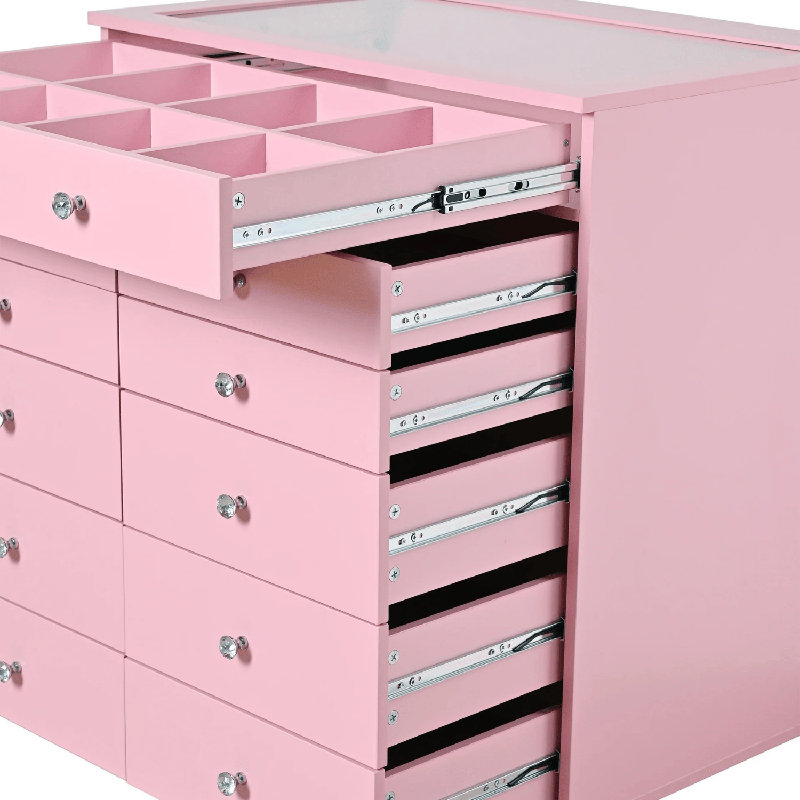 Storage Box with 11 Makeup Drawers, Crystal Lux Handles, Rose