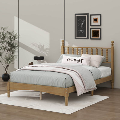 Full-Sized Classic Wooden Bed Frame With Gourd-Shaped Headboard, Vintage Platform Bed