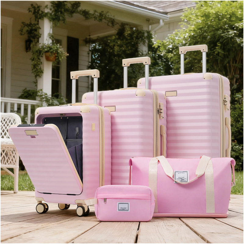 Ensemble de bagage 5 pièces avec ouverture frontale, valise de transport extensible rigide avec roulettes pivotantes, sac de rangement pour porte-gobelet et verrou USB