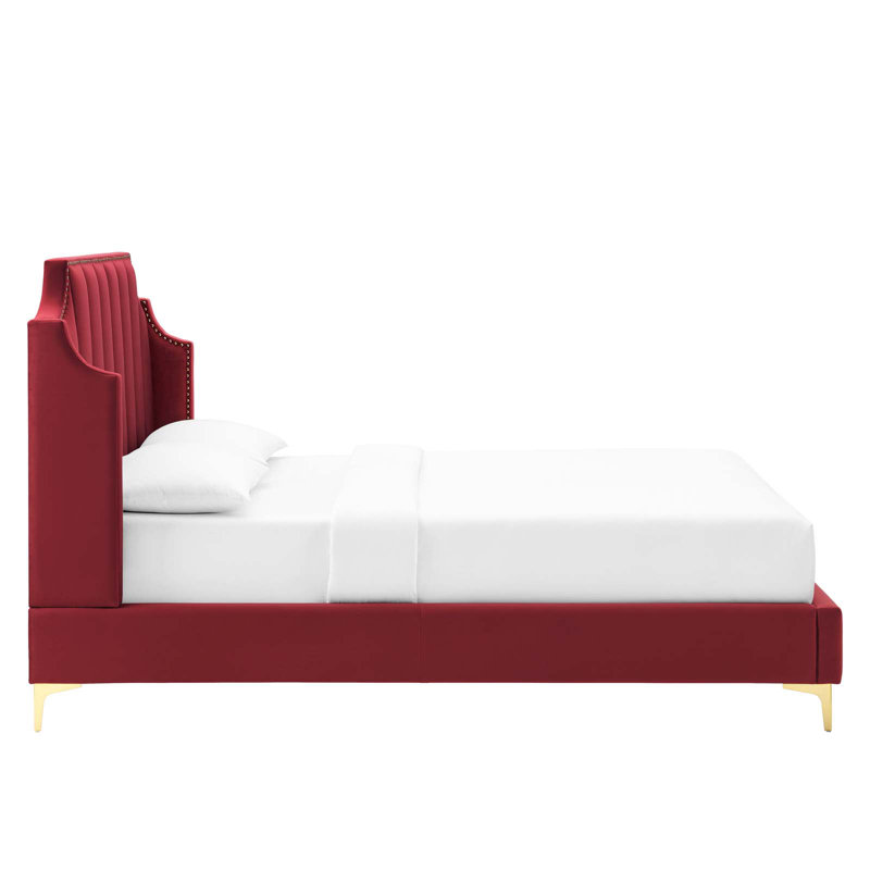 Maroon Velvet Queen Platform Bed with Tufted Headboard