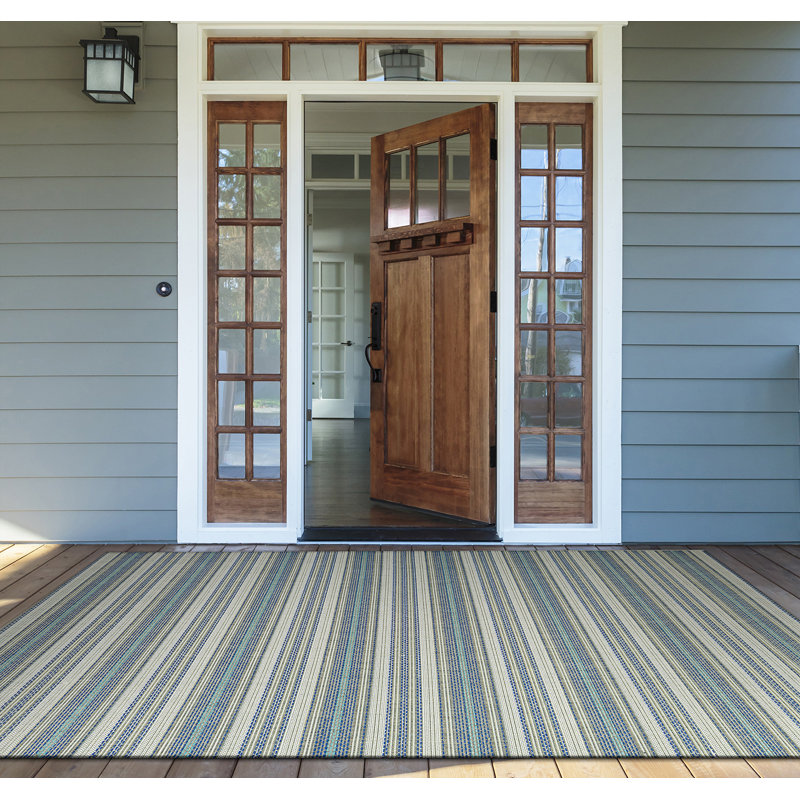 Broddrick Striped Ivory Sand Azure Indoor Outdoor Area Rug, Rectangle 8'6" x 13'