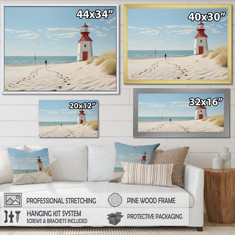 Red Light House Beach, horizon lointain, voilier sur toile, Cadre flottant doré, H 16 po x l 32 po x P 1 po