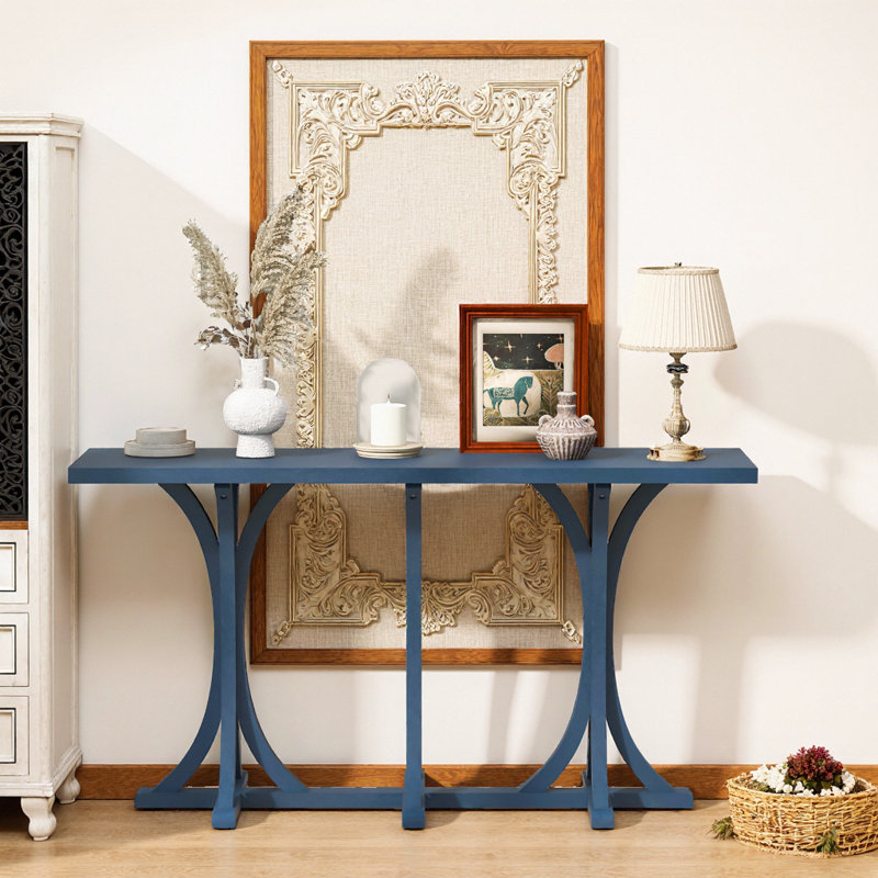 U-Style 59.8" Farmhouse Console Table with & Curved Rubber Wood Legs, Navy Blue, Navy Blue