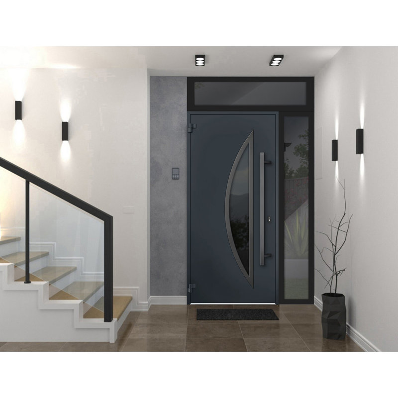 Porte avant en acier pré-suspendue à l'avant / deux 6501 anthracite / fenêtre extérieure latérale et supérieure / inserts en acier inoxydable peints simples modernes - l 36 po x H 80 po + 16 po - ouverture vers la droite