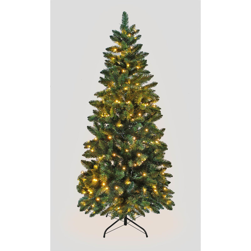 Slim Green Pre-Lit Pine Christmas Tree with Warm White LEDs and Metal Stand, 7 ft.