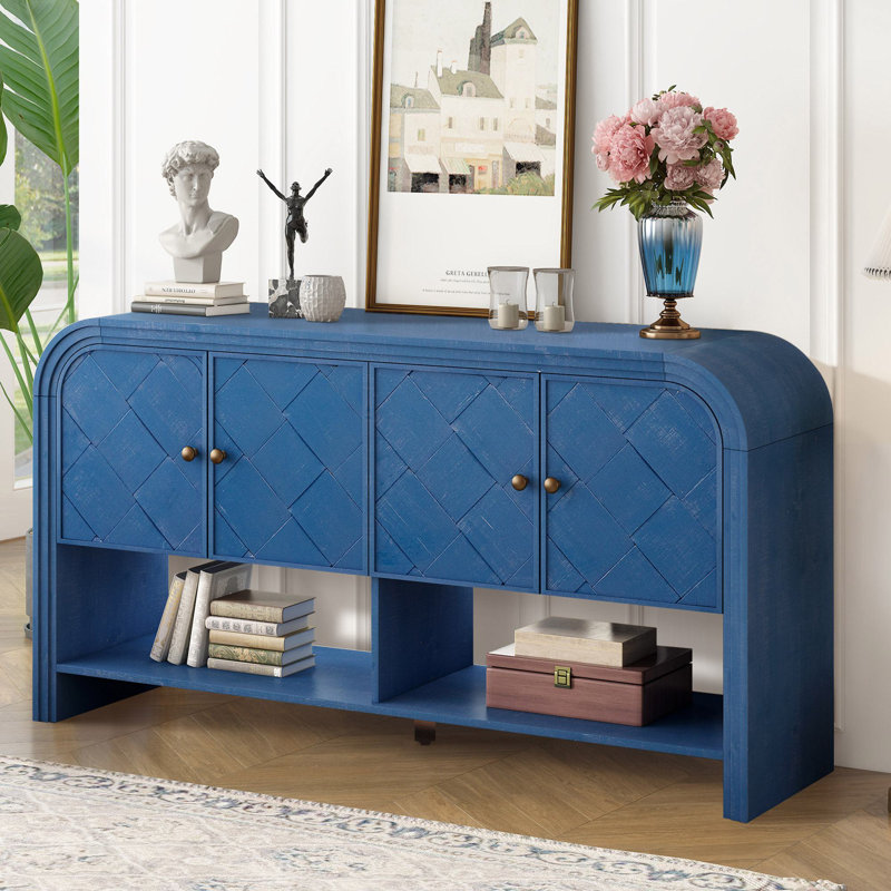 Console U_Style polyvalente avec lattes en bois tissé et placage en bois massif, Marine