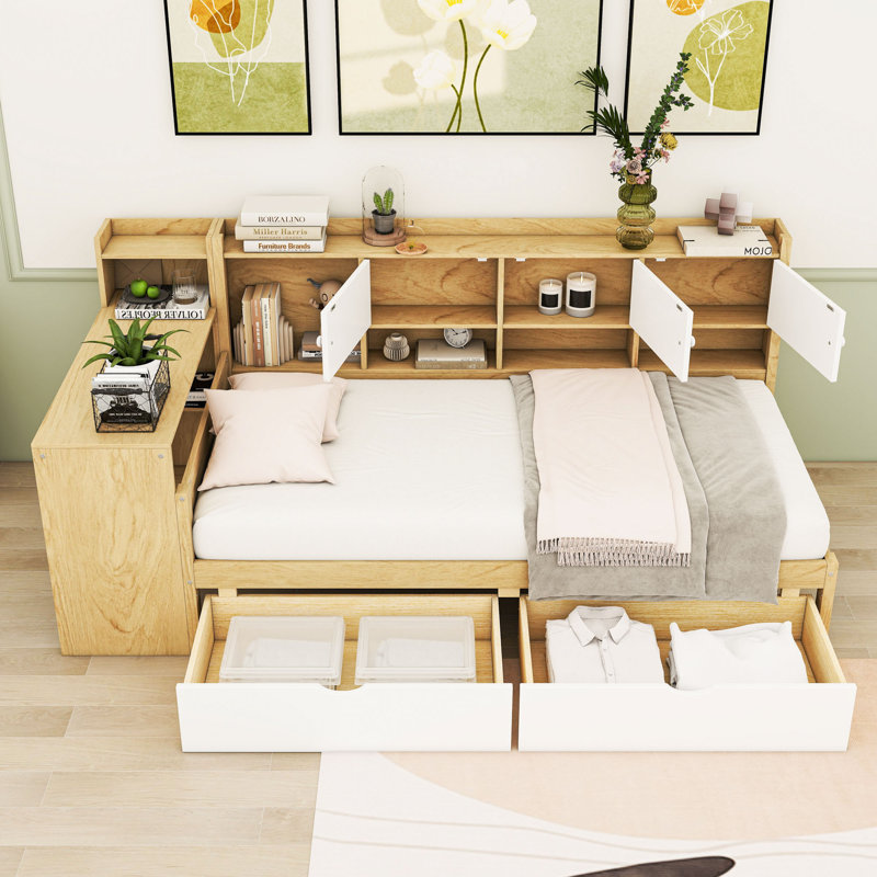 Lit de jour en bois avec armoires, bureau et tiroirs, Blanc naturel, Lit simple