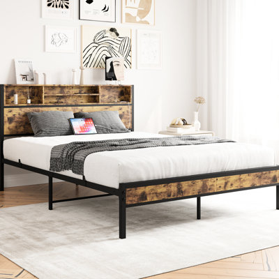 Queen Bed Frame With Strong Storage Capacity And Charging - Black Modern Headboard Function & Nature Metal Platform, No Box Spring, Noise-, Black, Decorative Distinction