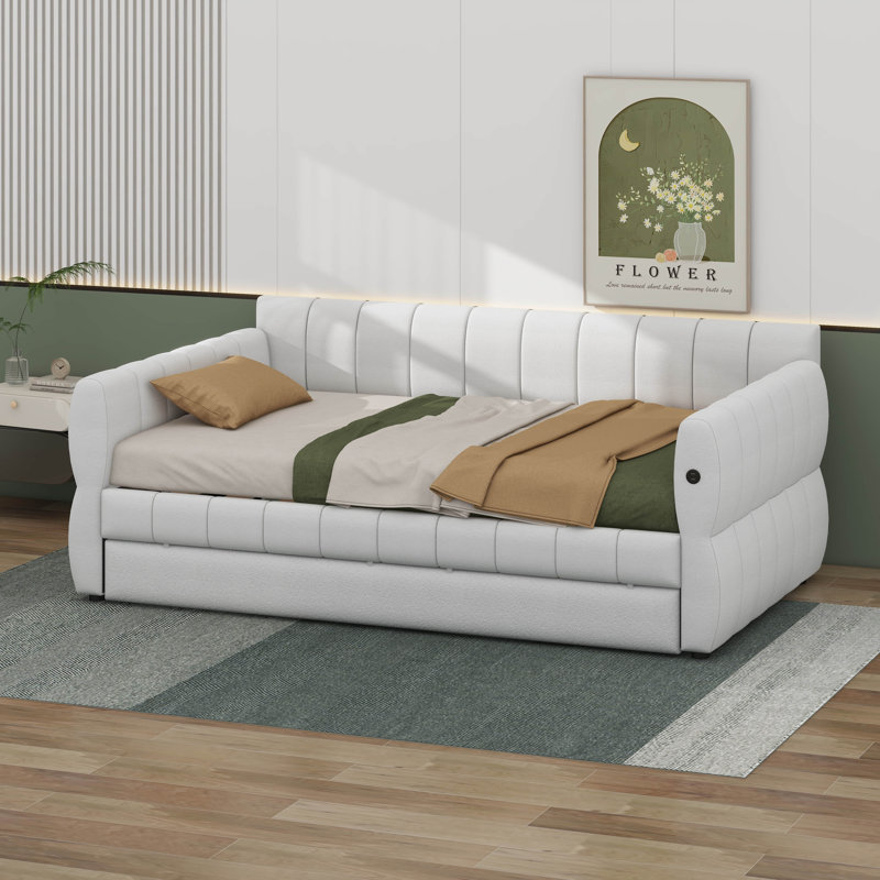 Lit de jour grand avec rangement et port USB, lit gigogne d'angle, Blanc