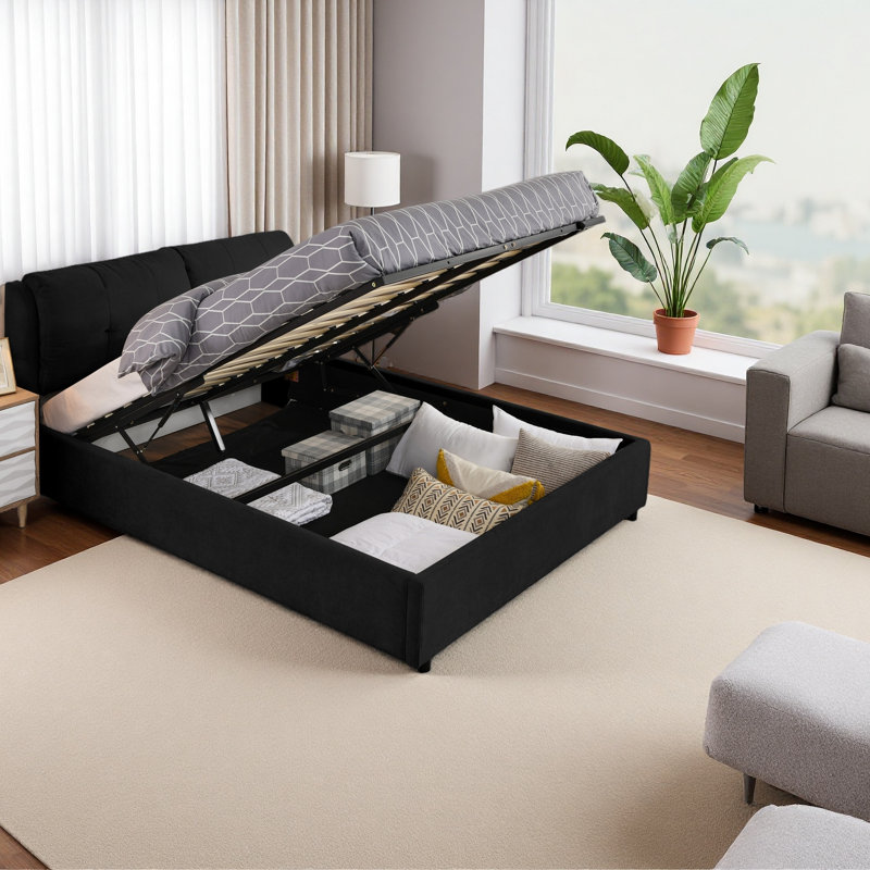 Lit plateforme tapissier avec rangement et tête de lit hydraulique en tissu chenille, Noir, noir, noir, noir, Grand lit