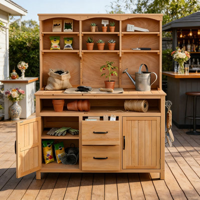 Grand banc de rempotage en bois de sapin, îlot de cuisine d'extérieur multifonctionnel avec huche 45,3 po L
