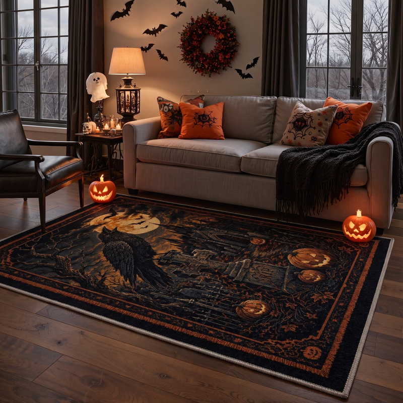 Tapis cimetière d'Halloween, noir et orange, lavable à la machine, à poils courts, antidérapant, Round 5'