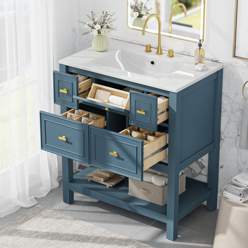 Meuble-lavabo avec lavabo et 5 tiroirs, Bleu