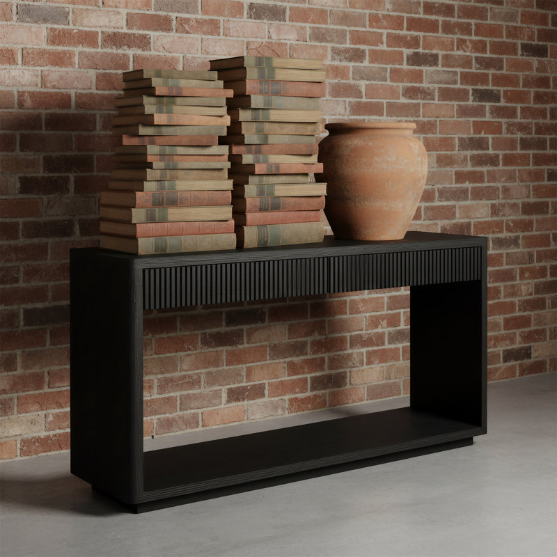 Table d'appoint 60 po à deux tiroirs à bord en retrait avec placage en bois massif, Noir