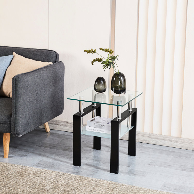 Table d'appoint en verre trempé transparent à 2 couches avec rangement - pour le salon, la salle à manger, le bureau et le bureau de bout compact pour les petits espaces