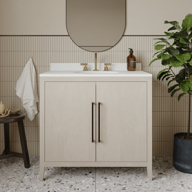 Alsup 36" Single Sink Vanity With Calacatta Gold Quartz Countertop, White, 36"