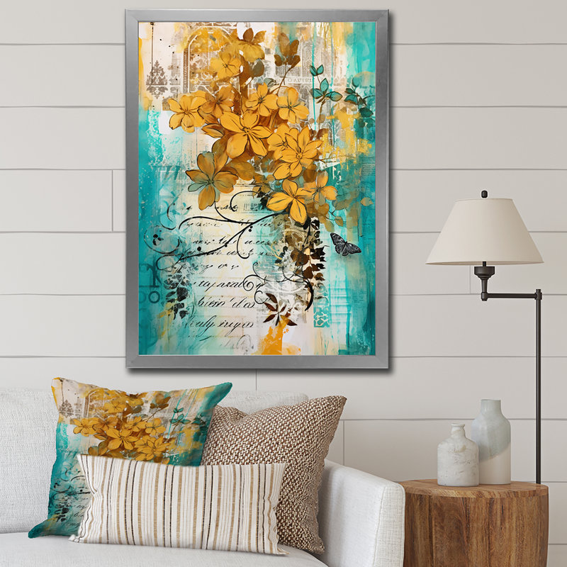 Fleurs jaunes sur turquoise, H 20 po x l 12 po x P 1 po, Cadre photo argenté