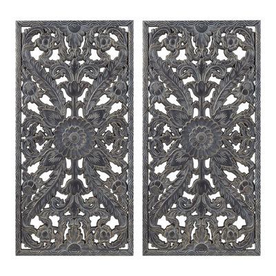 Distressed Carved Wood 2Piece Wall Decor Set