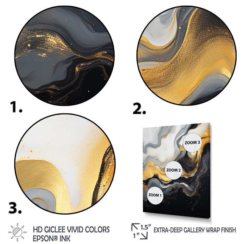 Or et marbre noir Essence V - décoration murale en marbre, H 32 po x l 24 po x P 1 po, Toile tendue