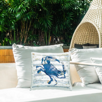 Blue Crab on Distressed Outdoor Printed Pillow by Jessie Perry