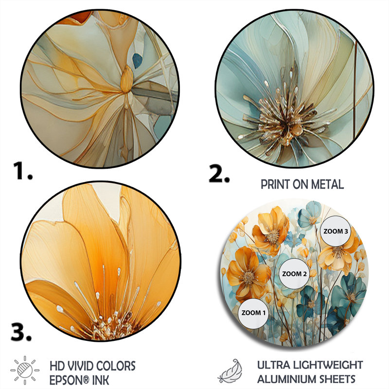 «Teal Orange Botanical Fragments I», art abstrait en métal rond, H 16 po x l 16 po