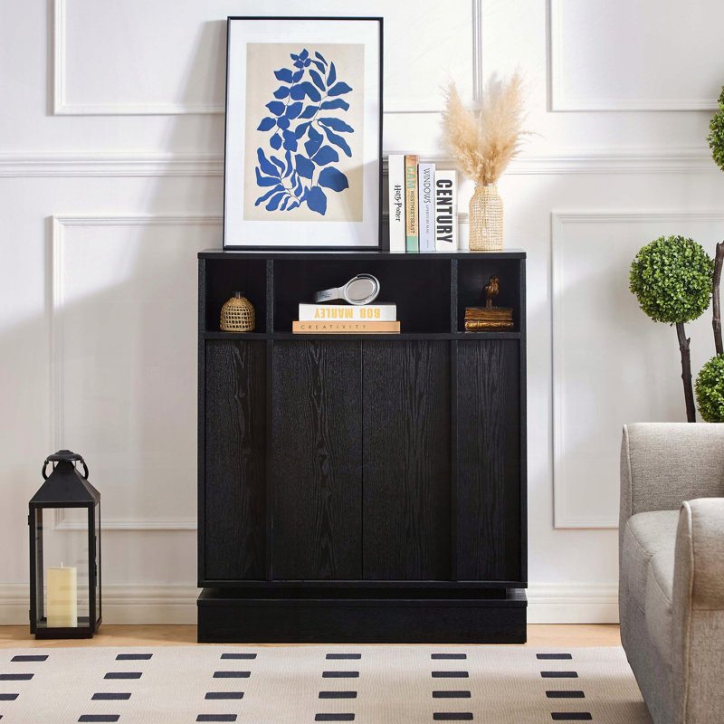 Farmhouse Fluted Sideboard with Outlet Hole and Adjustable Shelves, Black
