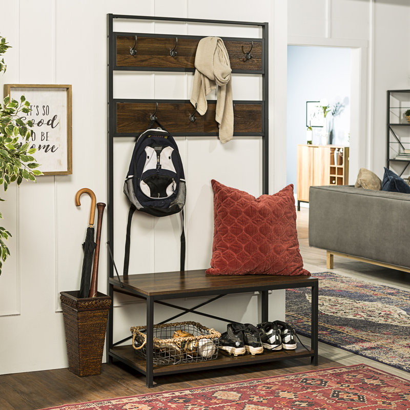 Everheart Hall Tree 40'' Wide with Shoe Storage, Dark Walnut
