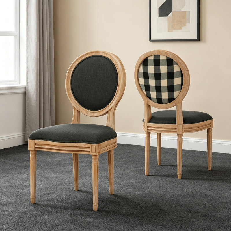 Ensemble de 2 chaises d'appoint rembourrées avec pieds cannelés French Country, Black Gray, Black Gray, Naturel
