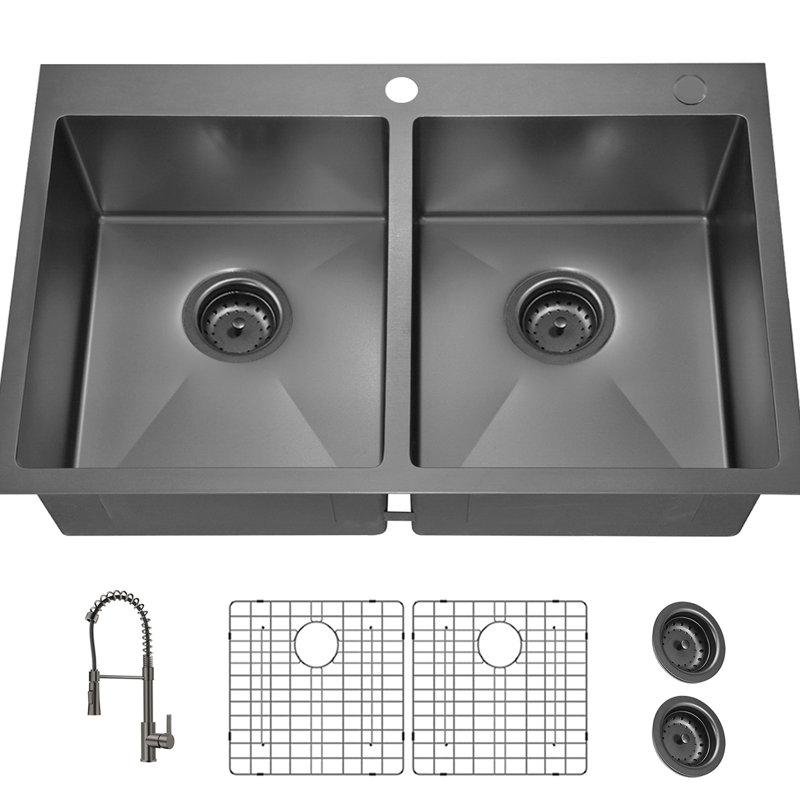 33X22inch Double Bowl Topmount Sink In Gunmetal Black - 18Gauge Stainless Steel, Practical And Elegant 33X22inch, With Faucet Strainer