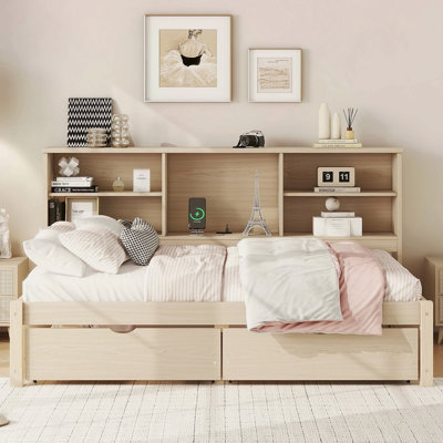 Structure de lit simple avec tablettes latérales, deux tiroirs et port USB intégré