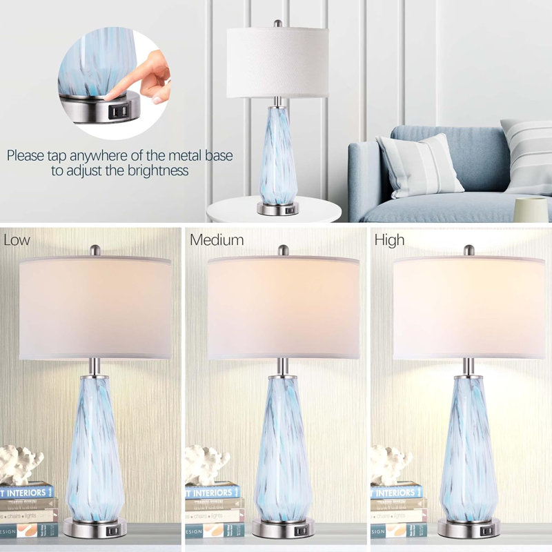 27" Blue and Gray Art Glass Table Lamp Set with USB Ports