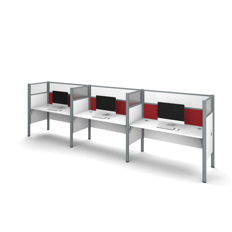 Pro-Biz Triple Side-by-Side Workstation with 6 Privacy Panels (Per Workstation) Benching Desks, White/Red