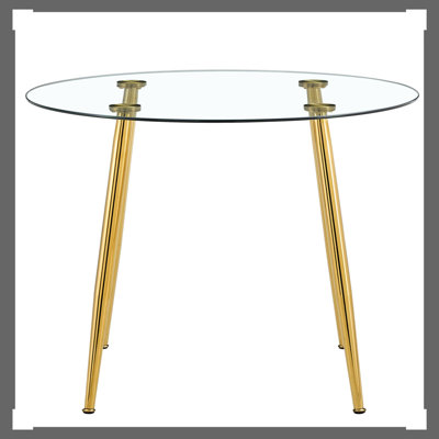 Table de 40 pouces de diamètre avec des pieds en métal doré et du verre transparent, ajoutant un style contemporain à n'importe quelle pièce, pieds de salle à manger minimalistes modernes de 40 pouces faciles à assembler, plateau en verre trempé, antidérapant