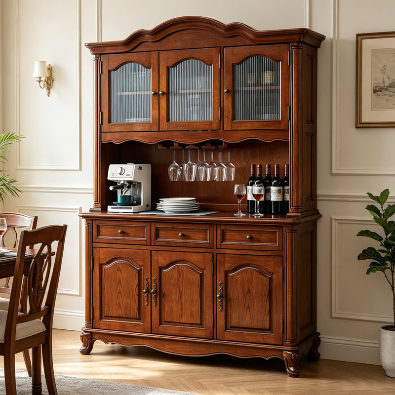 Armoire à vin en bois massif 51,18 ", présentoir en verre avec rangement en couches de grande capacité