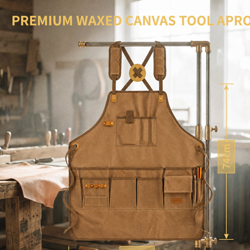 Tablier de travail en toile cirée avec poches multiples et passants pour outils, tablier robuste pour menuisier (70 x 74 cm), bretelles croisées réglables, coloris kaki et camel, idéal pour la menuiserie, l'atelier et le jardinage.