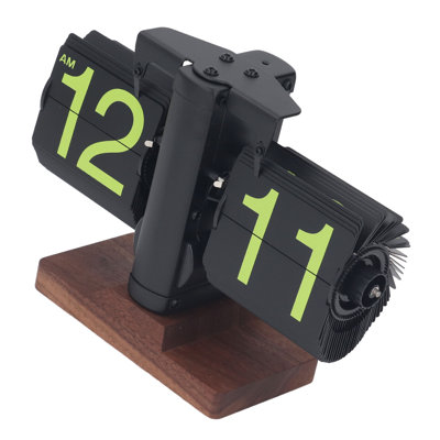 Horloge de bureau numérique à affichage automatique 12 heures, simple face, à piles, style rétro, avec base en bois, cadre noir et lettres fluorescentes, idéale pour le salon ou le bureau.