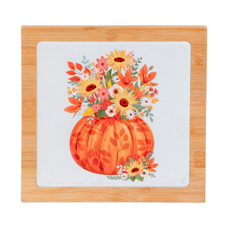Sous-plat carré en céramique et en bois, motif citrouille, 19,8 cm (7,8 po)