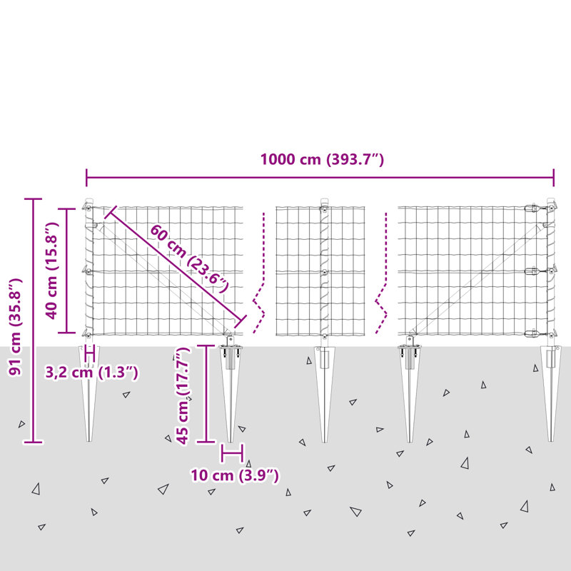 Galvanised Steel Border Fencing, Green, 40 x 1000 x 0.2 cm