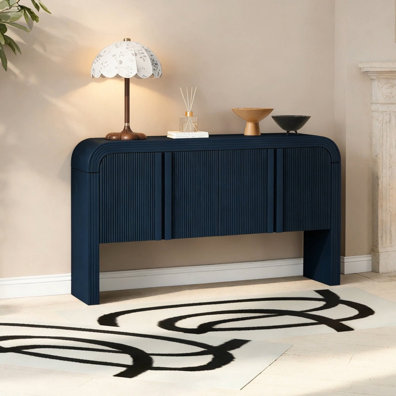 62.2-Inch Wave-Pattern Console Table With 4 Doors And Adjustable Shelf,Curved Design Sofa Table Behind Couch,Rustic Narrow Entryway Table For Living Room, Foyer And Hallway